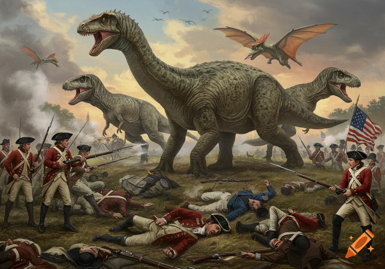 A classical style painting depicting American Revolutionary War soldiers fighting alongside large dinosaurs and pterodactyls on a battlefield.