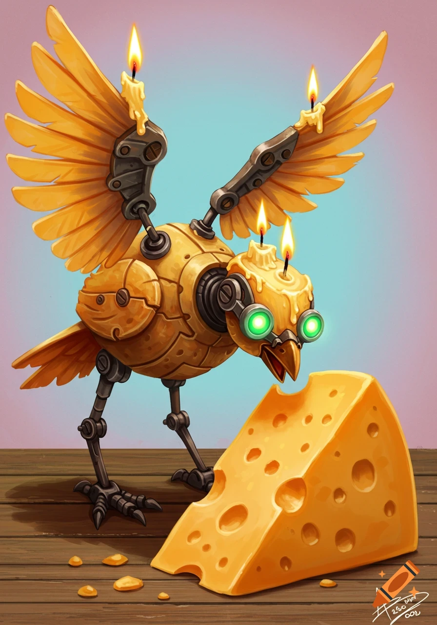 A mechanical bird with glowing green eyes and candle wings looks at a large wedge of Swiss cheese on a wooden table.