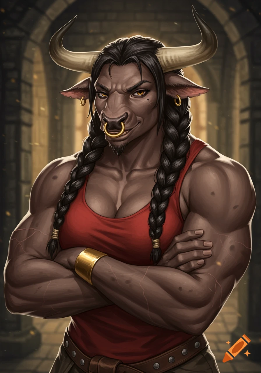 A powerful, dark-skinned female minotaur with a bullring, braided hair, and muscular arms crossed, standing in a dim stone corridor in a detailed fantasy art style.
