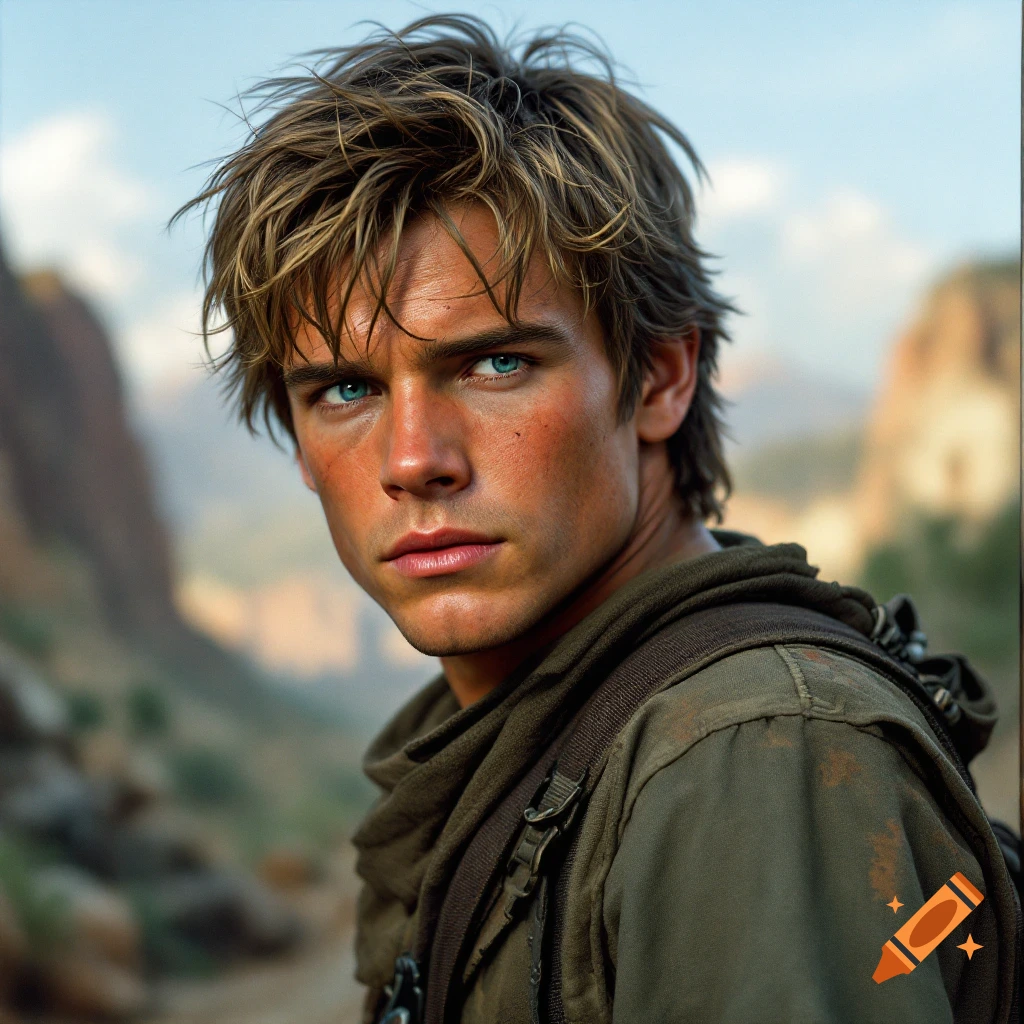 A close-up photorealistic portrait of a young man with blonde hair and blue eyes, looking intently forward in an outdoor, rugged setting.