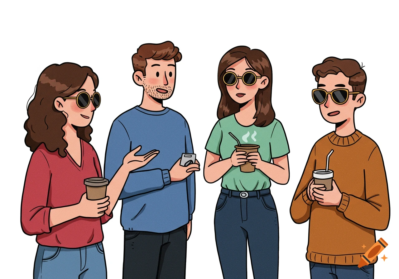 Four cartoon people in sunglasses hold coffee cups and talk on a white background.