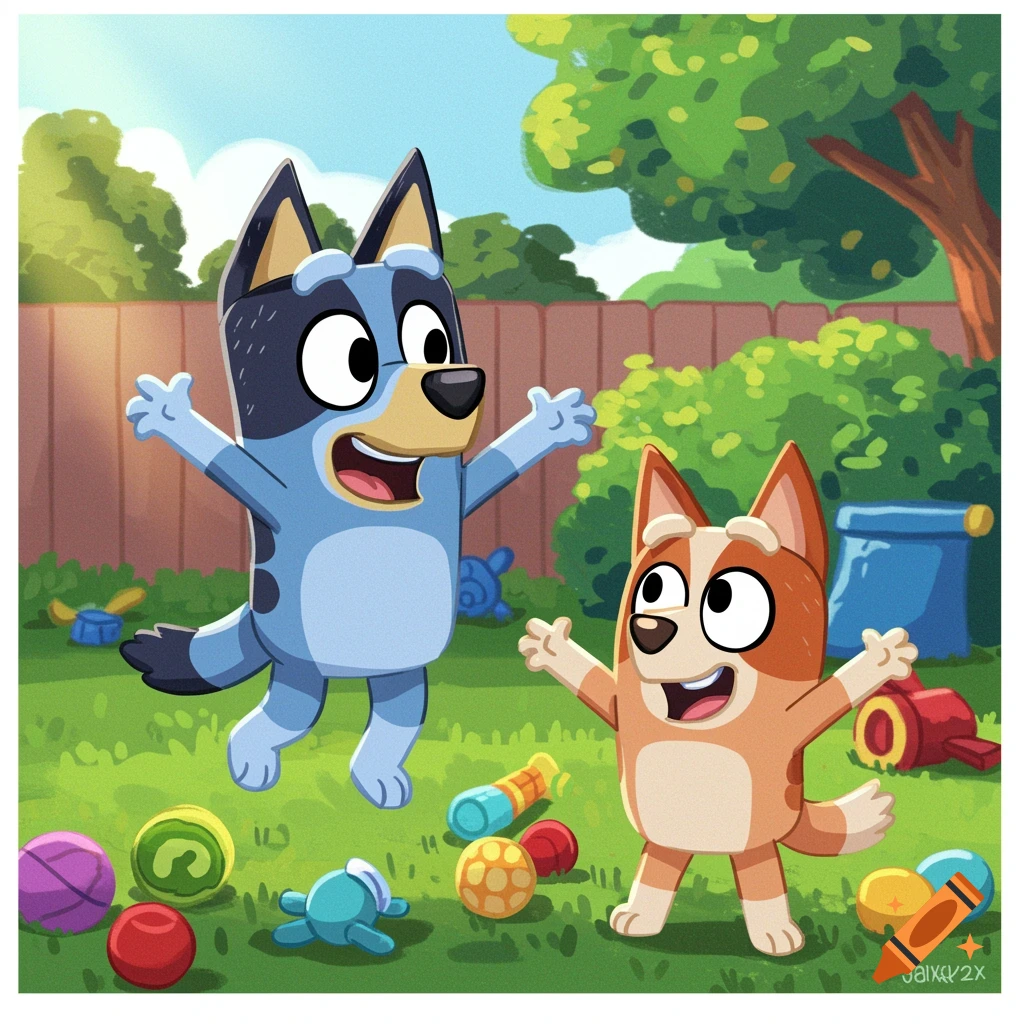 Cartoon dogs Bluey and Bingo play happily in a bright, toy-filled backyard under a sunny sky.