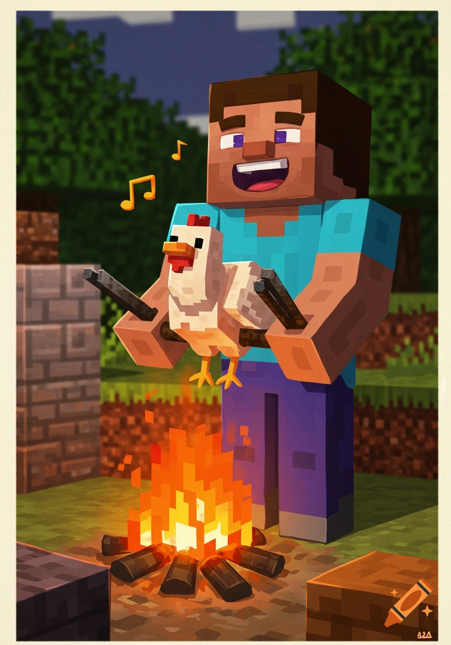 Minecraft Steve holds a chicken over a campfire, with musical notes above his head, in a blocky digital art style.