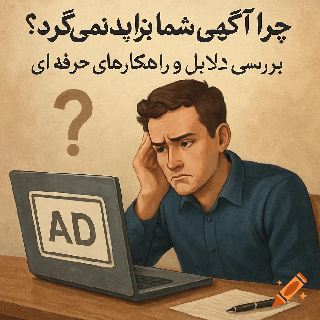 Illustration of a concerned man looking at a laptop with 'AD' on screen, a question mark, and Persian text about ad views.