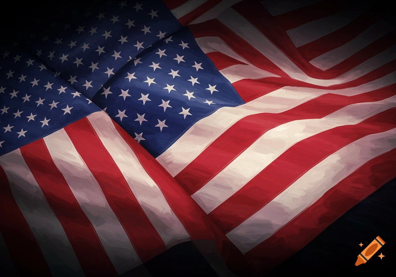 Overlapping American flags with a painterly texture.