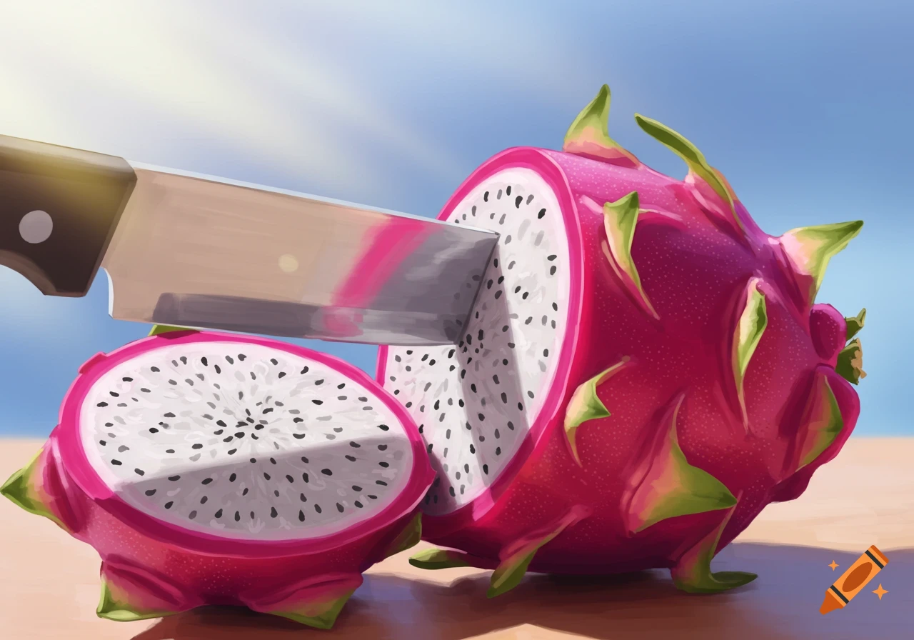 A vibrant pink dragon fruit is being sliced open by a knife, revealing its white flesh and black seeds, in a digital art style.