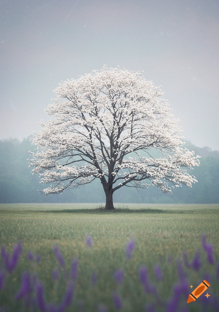 A large solitary tree with white blossoms stands in a green field with purple flowers in the foreground, against a misty background.