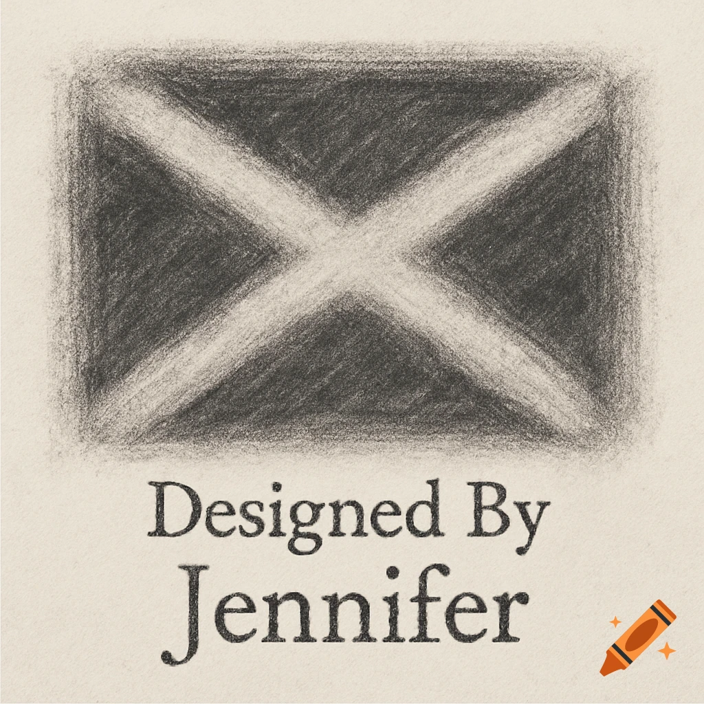 A charcoal sketch of a faded Scottish St. Andrew's Cross flag above the text "Designed By Jennifer".