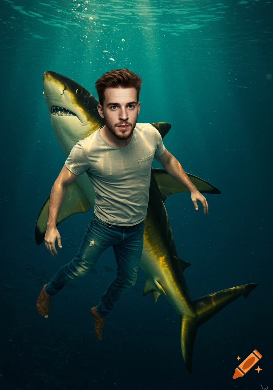 Photorealistic depiction of a man with a shark's lower body swimming in blue water.