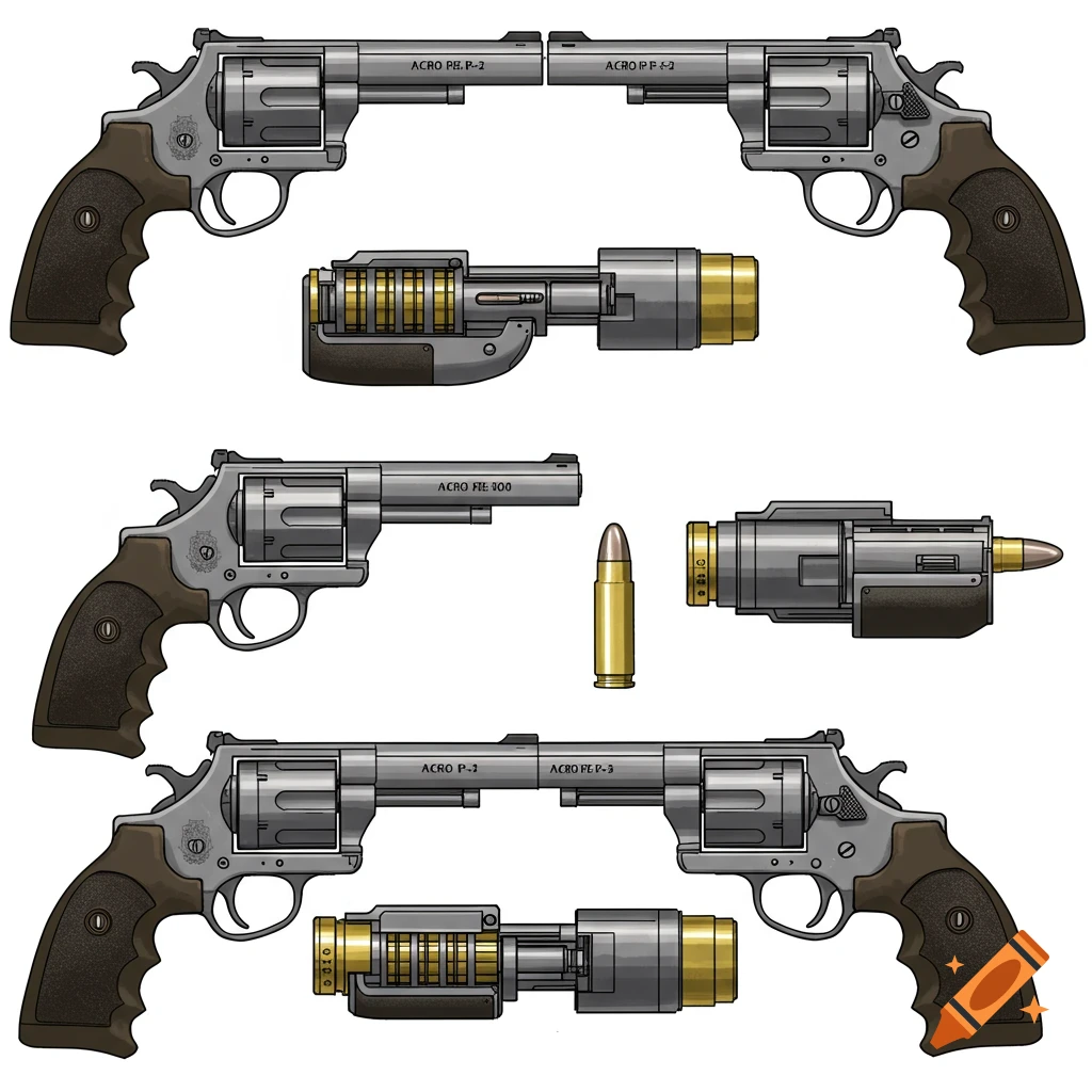 Detailed technical illustration of multiple revolver models and ammunition on a white background.