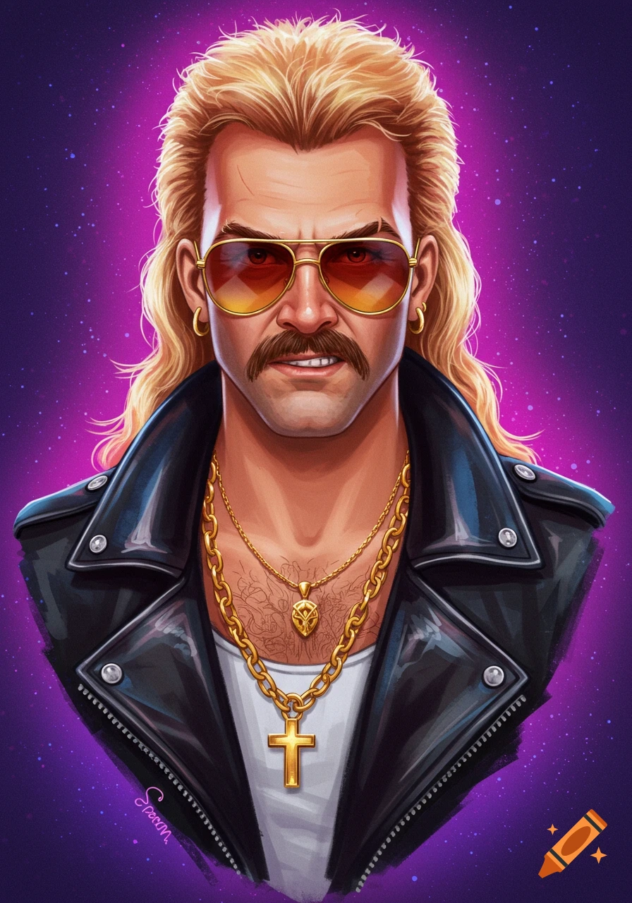 A stylized portrait of a man with a blonde mullet, mustache, sunglasses, leather jacket, and gold chains, looking tough against a purple starry background.