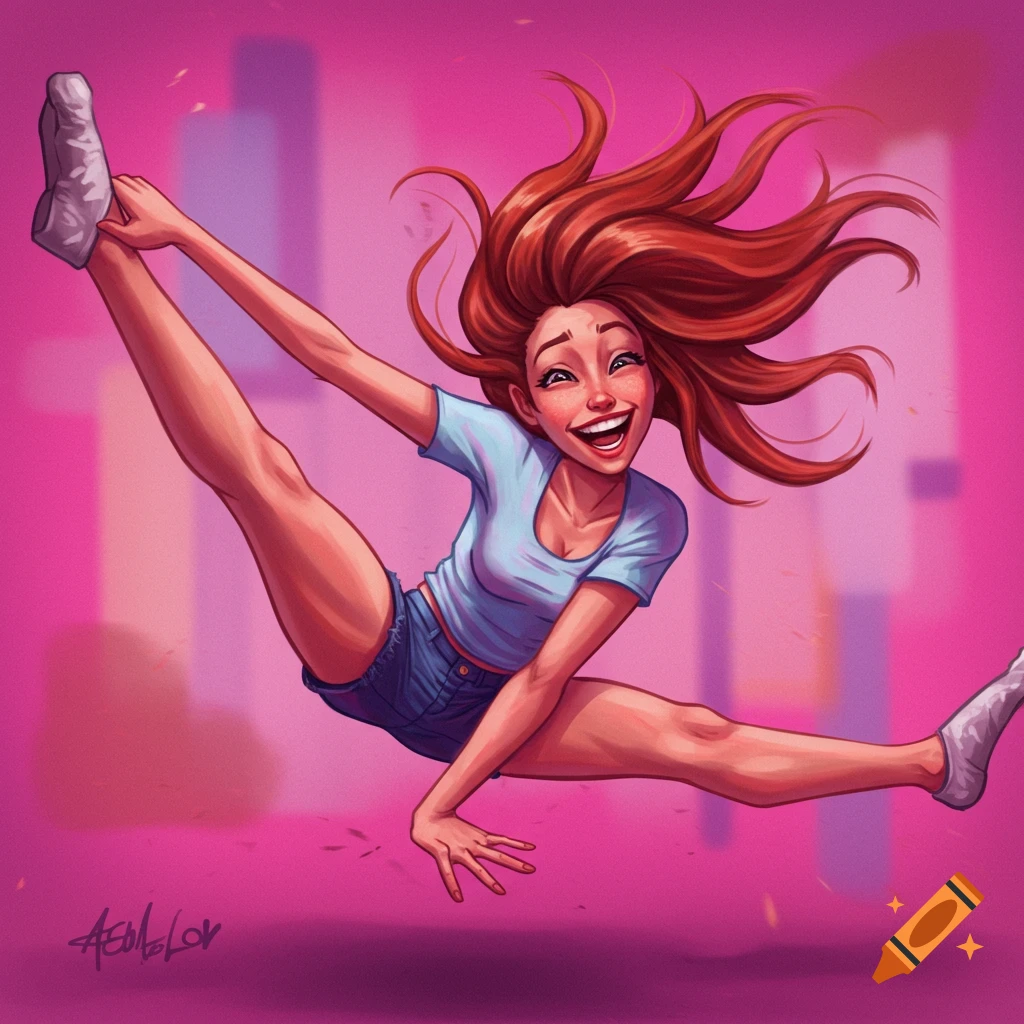 A vibrant illustration of a happy woman with red hair performing a dynamic split jump against a pink and purple cityscape.