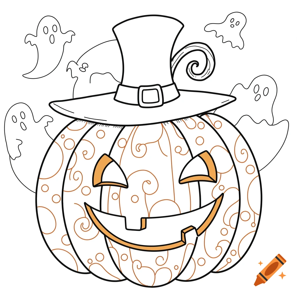 Kid's coloring page with a happy jack-o'-lantern in a top hat surrounded by ghosts.