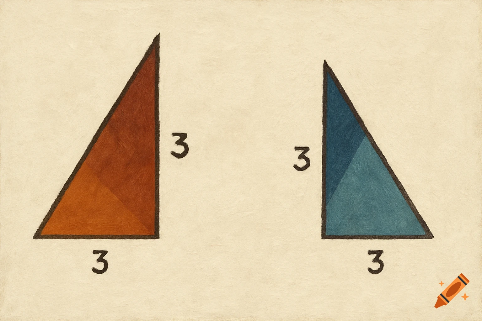 Two triangles, one brown and one blue, with textured appearances, each having two sides labeled with the number 3, on a light beige background.