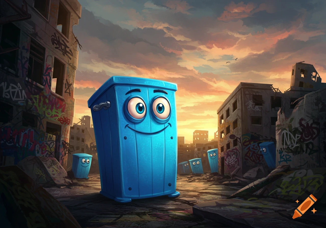 A smiling blue anthropomorphic trash can stands in a ruined city covered in graffiti, with other trash cans and a vibrant sunset sky.