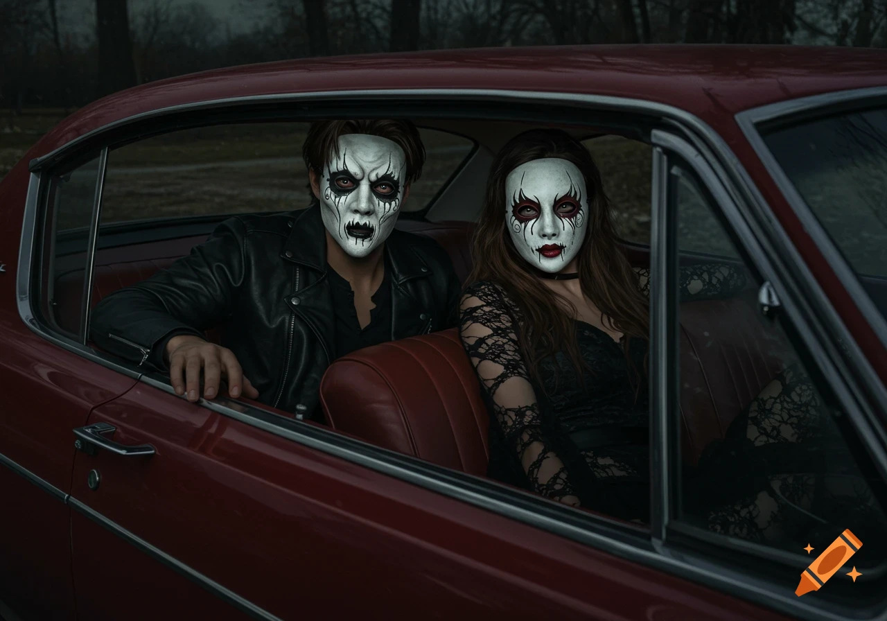 A man and woman in scary masks sit in the front seats of a red vintage car, with a dark, moody background.