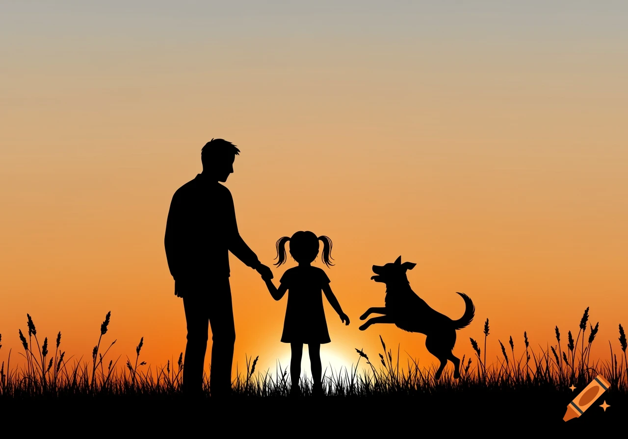 Silhouettes of a man, a young girl, and a dog against a vibrant sunset with grass.