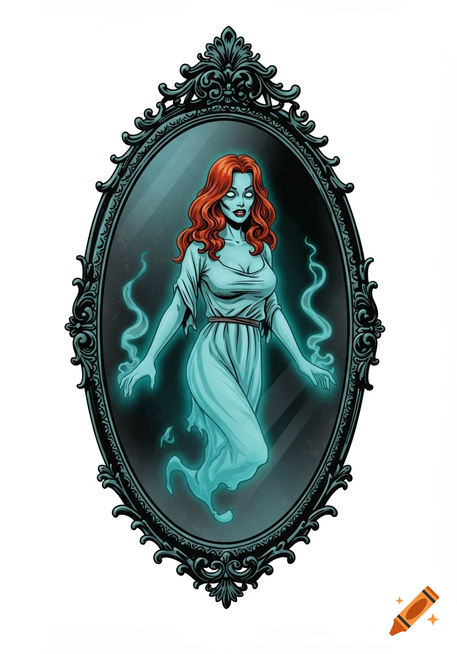An illustrated comic art style image of a red-haired ghost woman with glowing blue skin and eyes, floating inside an ornate mirror.