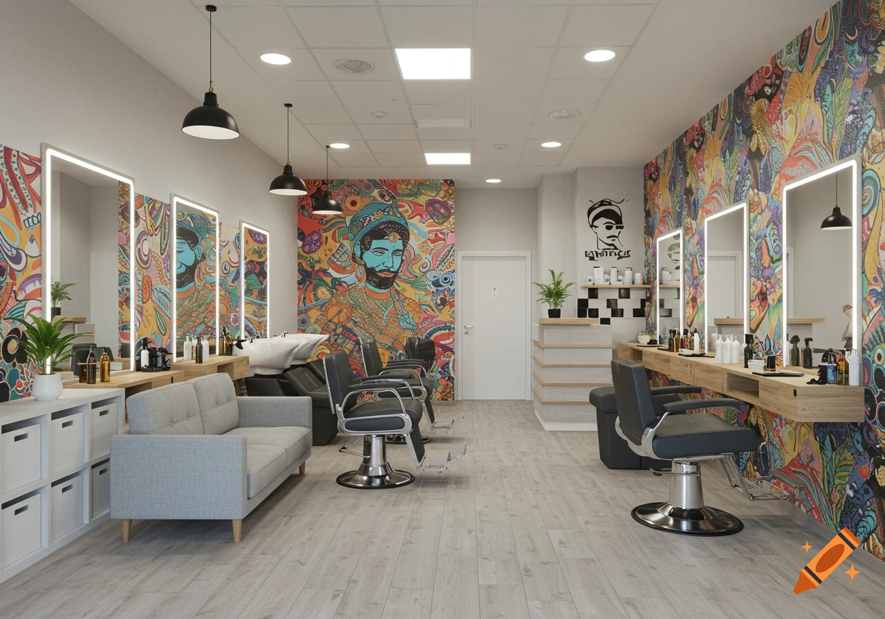Photorealistic interior of a vibrant, eclectic barber shop with colorful murals, light grey couch, and black barber chairs.