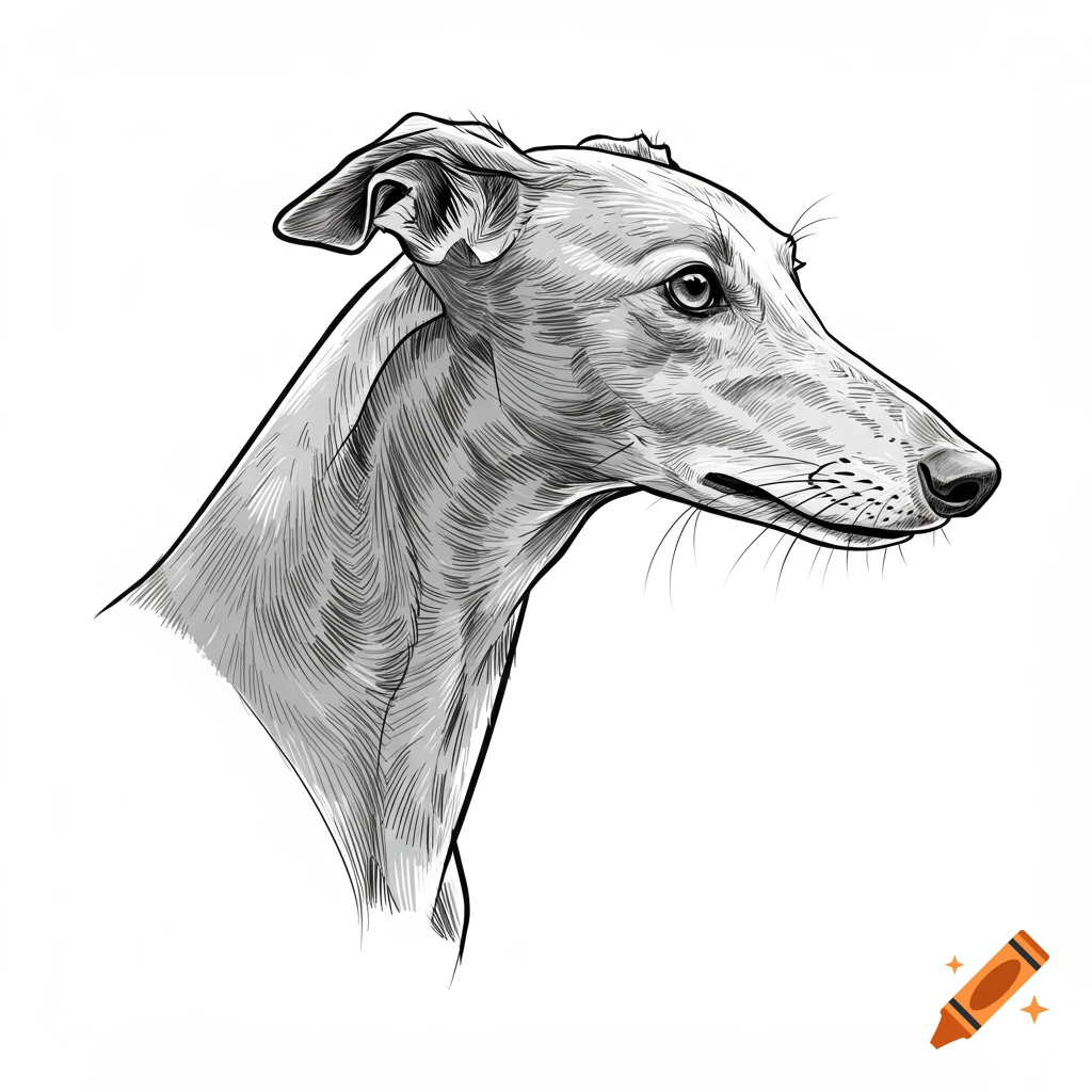 A black and white line drawing of a greyhound's head and neck in profile against a white background.