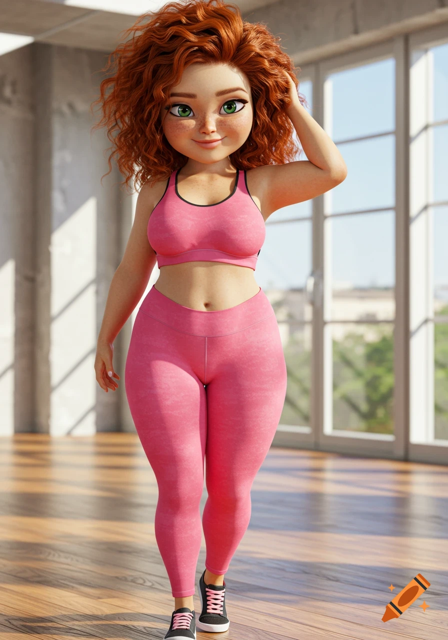 A stylized full-body photo of a cute, athletic, plus-size woman with red curly hair, green eyes, and freckles, wearing pink activewear, standing in a gym.