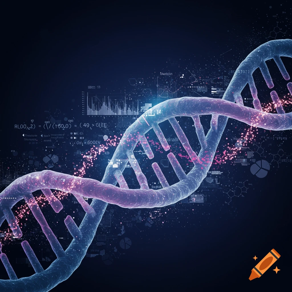 A blue and purple DNA double helix against a dark background with digital data, graphs, and scientific formulas overlayed.