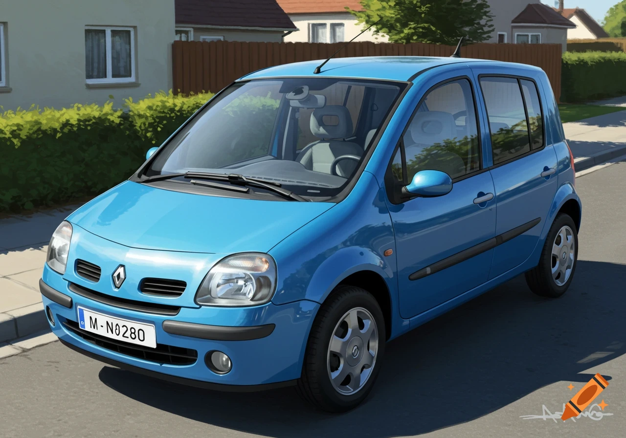 A light blue 2005 Renault Modus hatchback car parked on a sunny residential street.