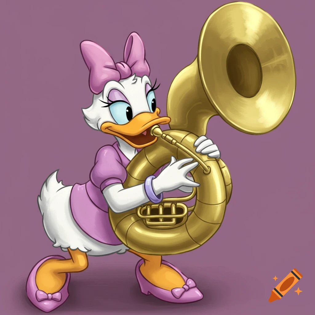Daisy Duck in a pink dress and bow plays a golden sousaphone with puffed cheeks.