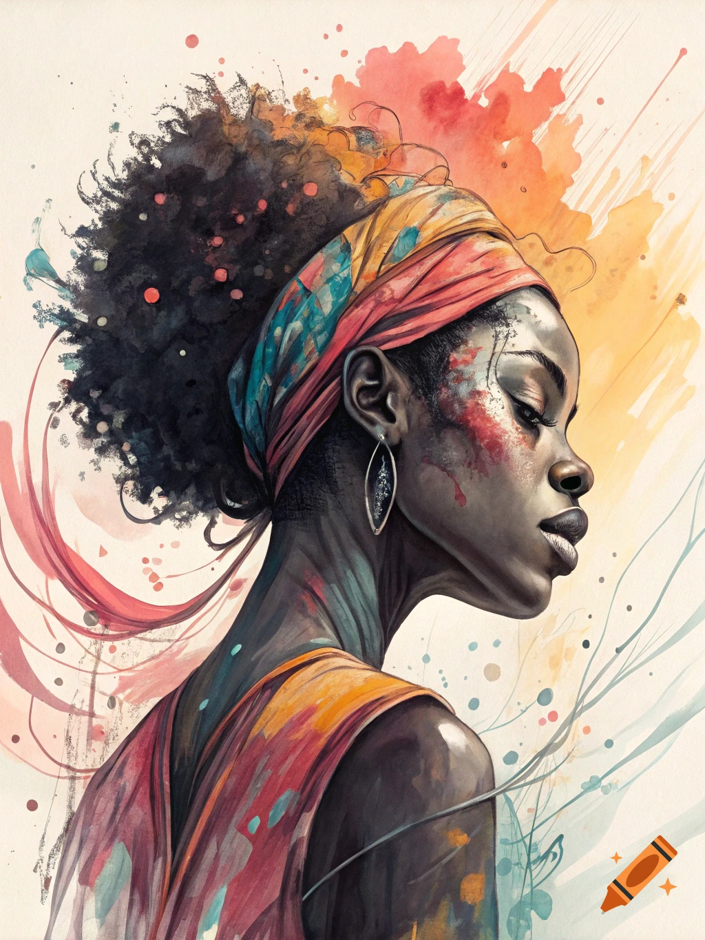 Vibrant watercolor portrait of a Black woman with a headwrap, intricate earrings, and artistic paint splatters in red, orange, and blue tones.