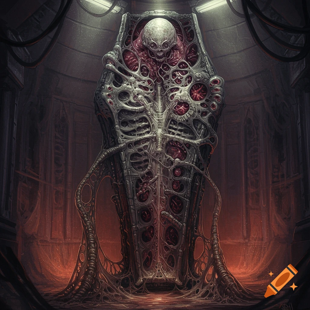 A Giger-inspired biomechanical sarcophagus with a skull, flesh, and tubing, in a dark, industrial setting.