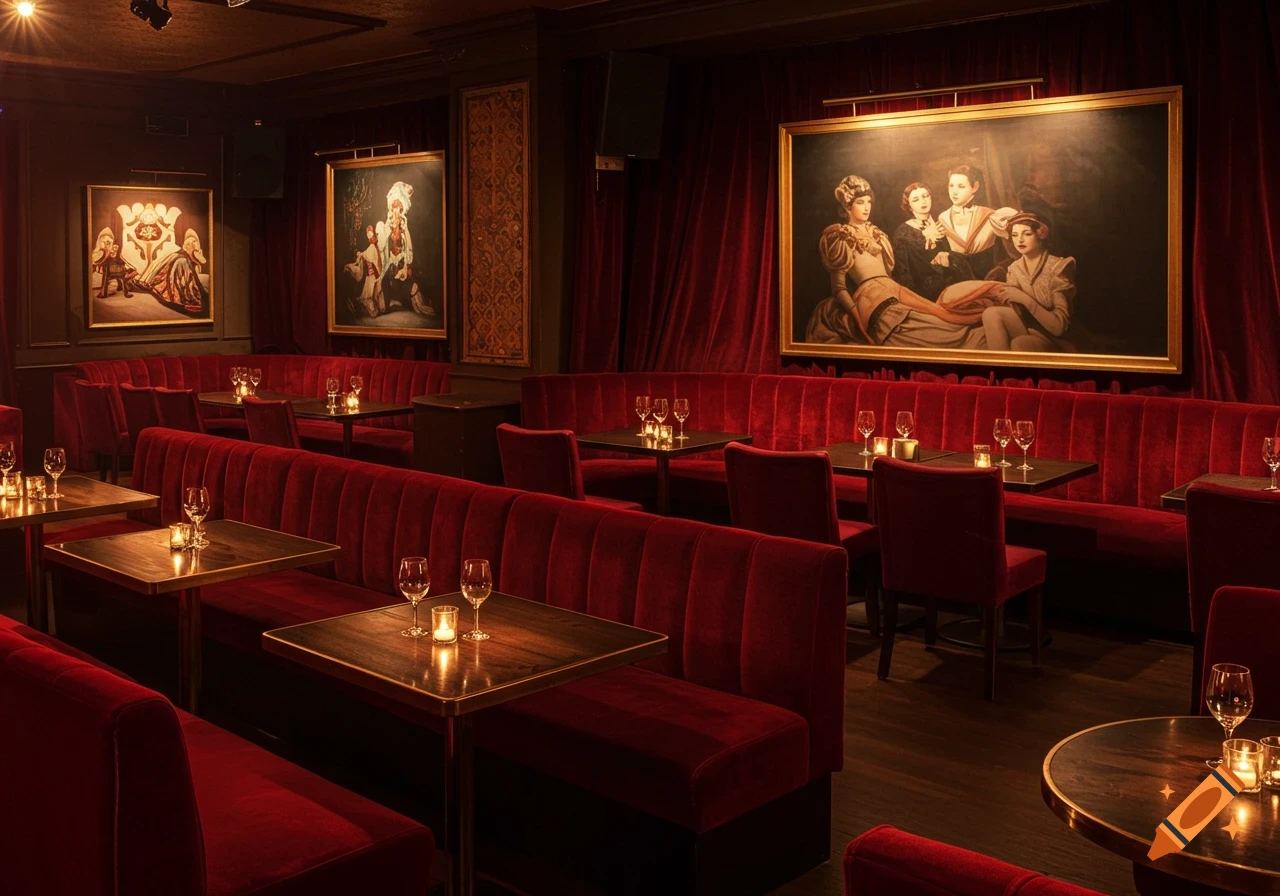 A luxurious supper club with plush red velvet booths, small dark wood tables with glasses and candles, and large framed paintings on the dark red walls.