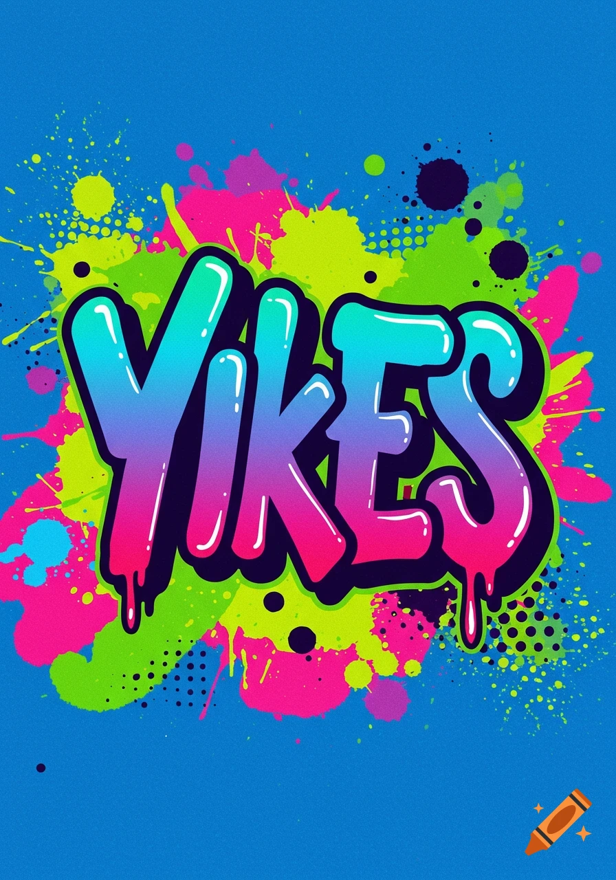 Colorful graffiti-style text spelling 'YIKES' with neon paint splatters on a blue background.