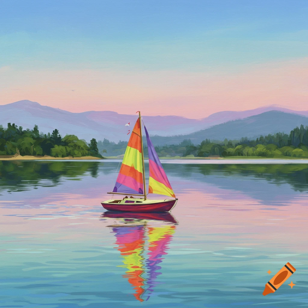 Colorful sailboat with two sails on a calm lake reflecting pastel skies and green mountains, in a painterly style.
