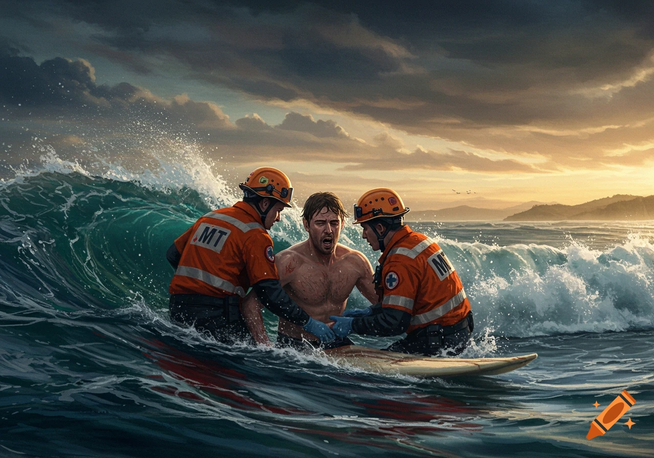 Two rescuers in orange vests assist a shirtless man on a surfboard in rough ocean waves under a dramatic sky.