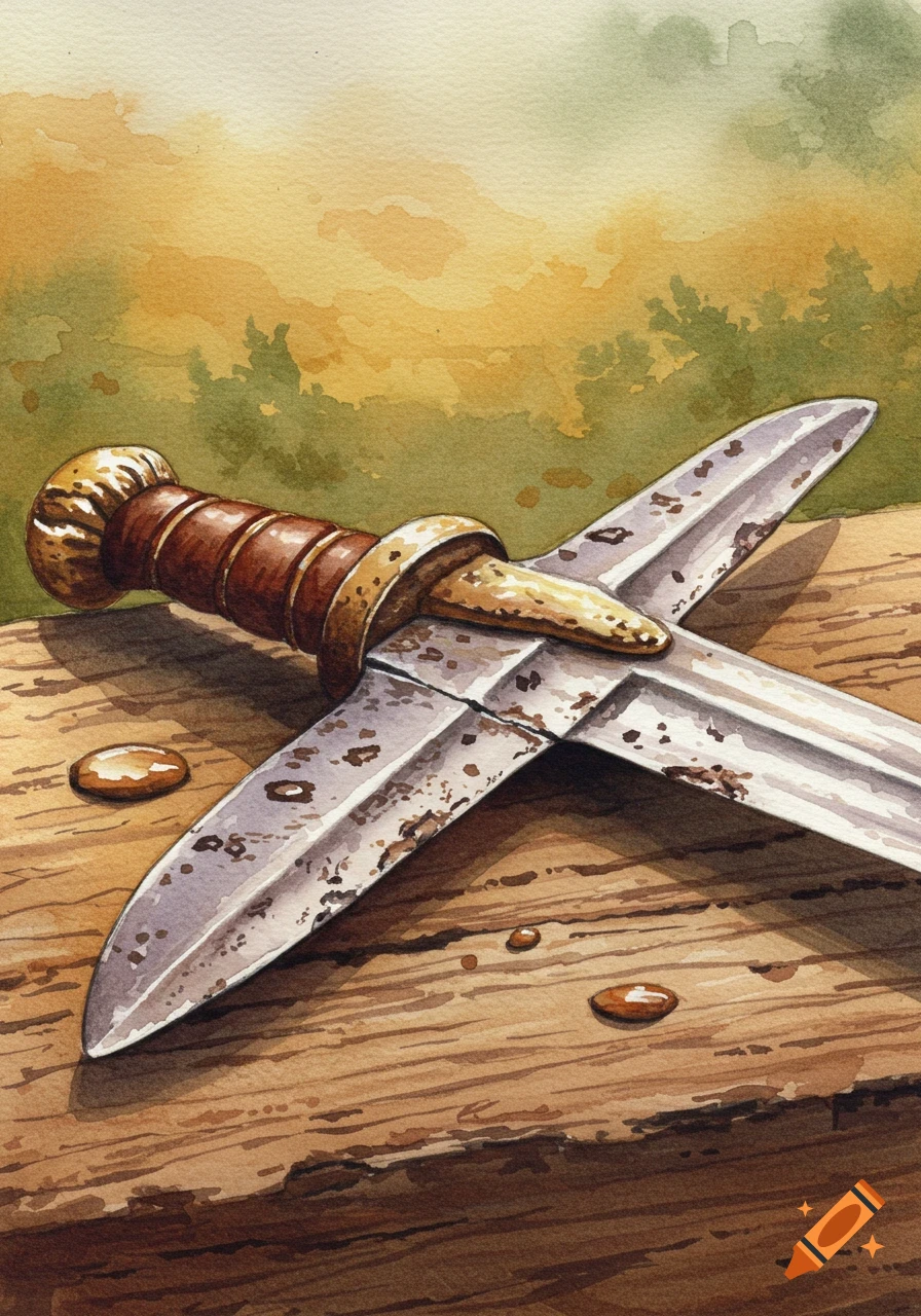 An ancient, rusty sword with a brown leather hilt lies on a wooden log in a watercolor painting.