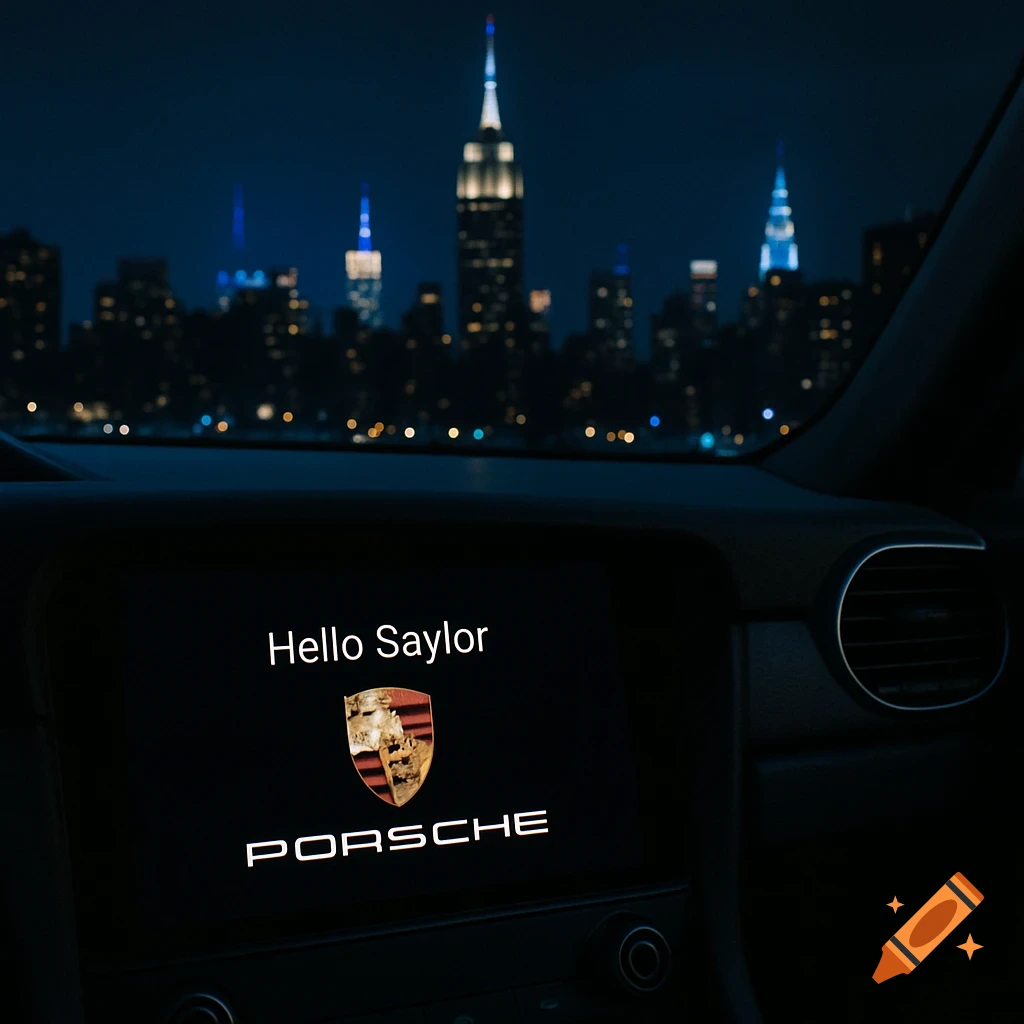 View from a passenger seat in a car at night, showing a dashboard screen displaying 'Hello Saylor' and the Porsche logo, with the New York City skyline visible through the windshield.