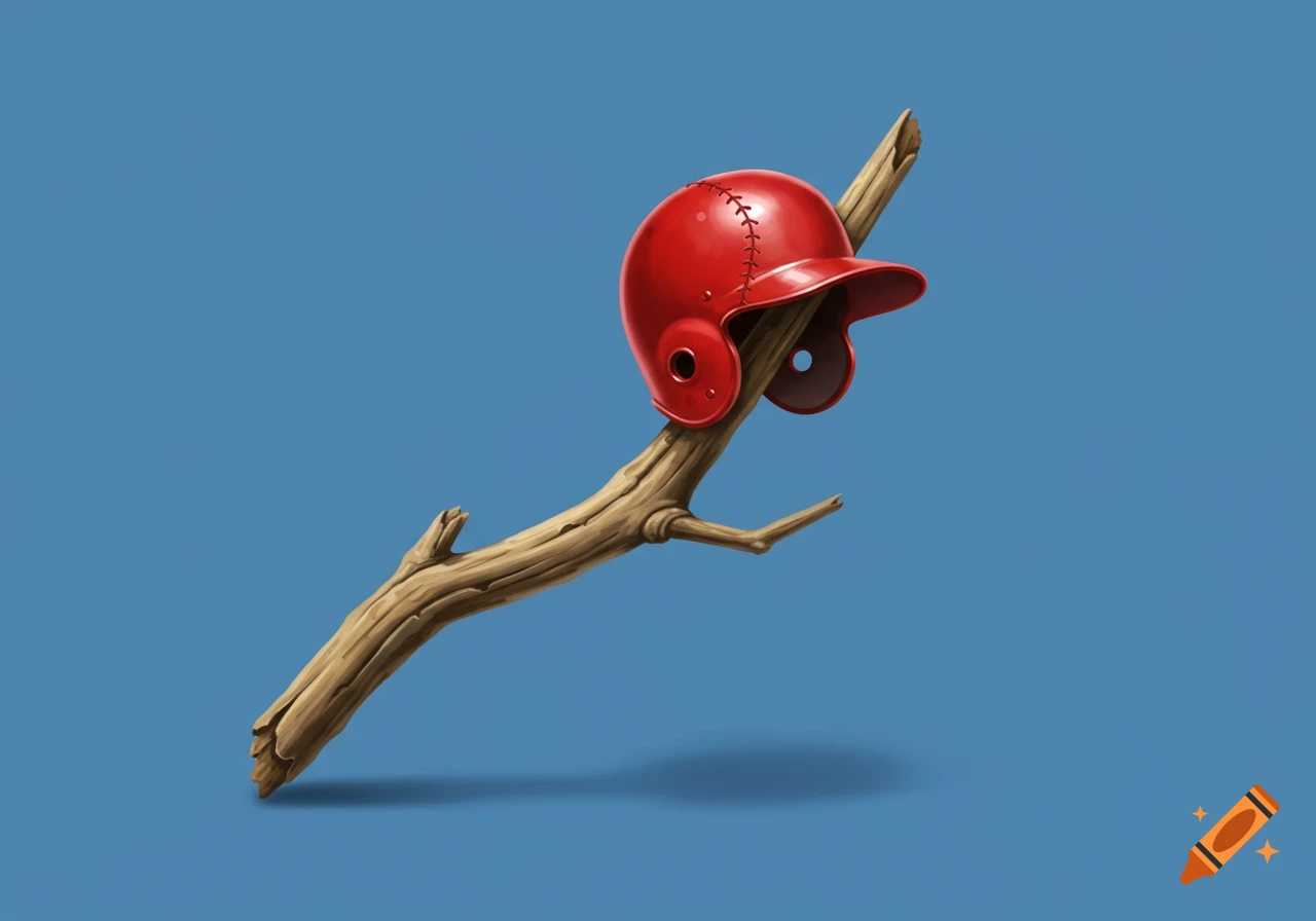A red baseball helmet sits on a brown tree branch, casting a shadow on a blue background.