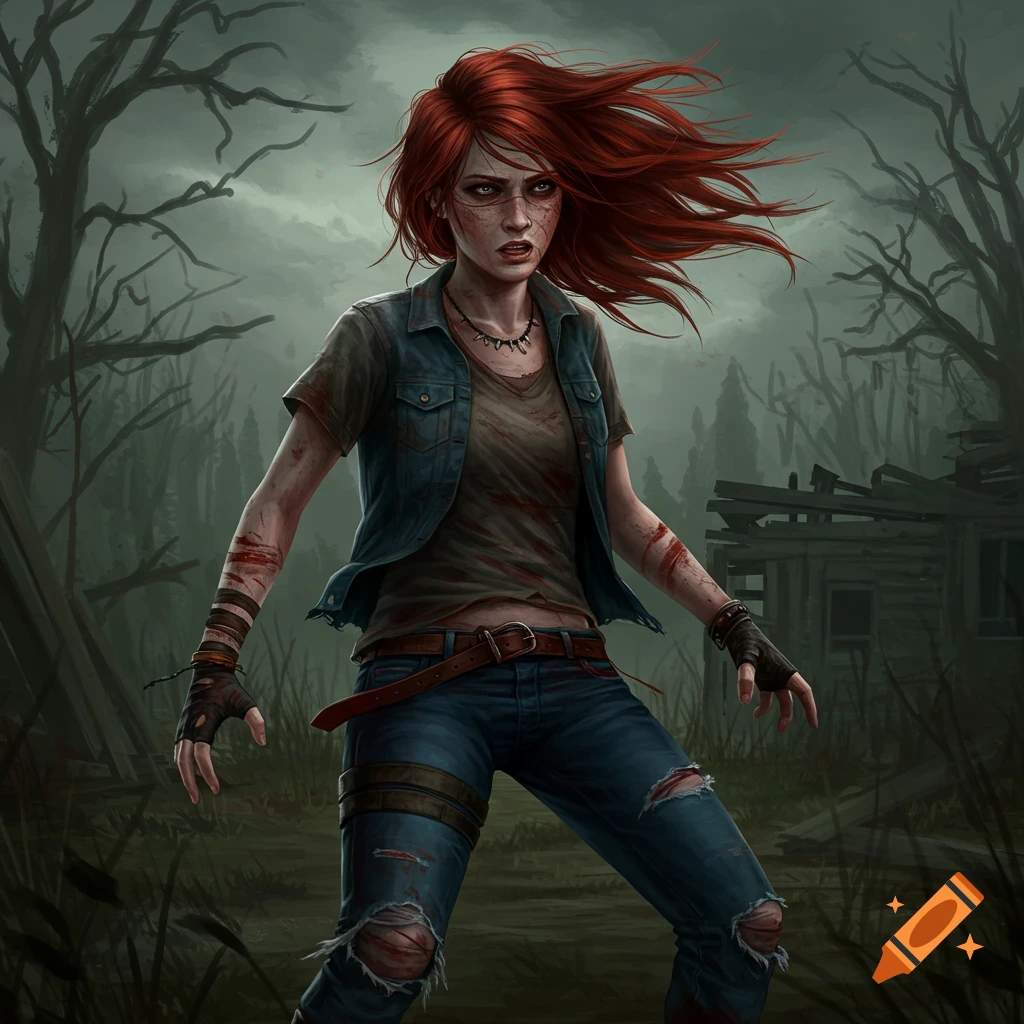 A distressed red-haired woman with blood on her clothes and face stands in a dark, murky forest, looking wary.