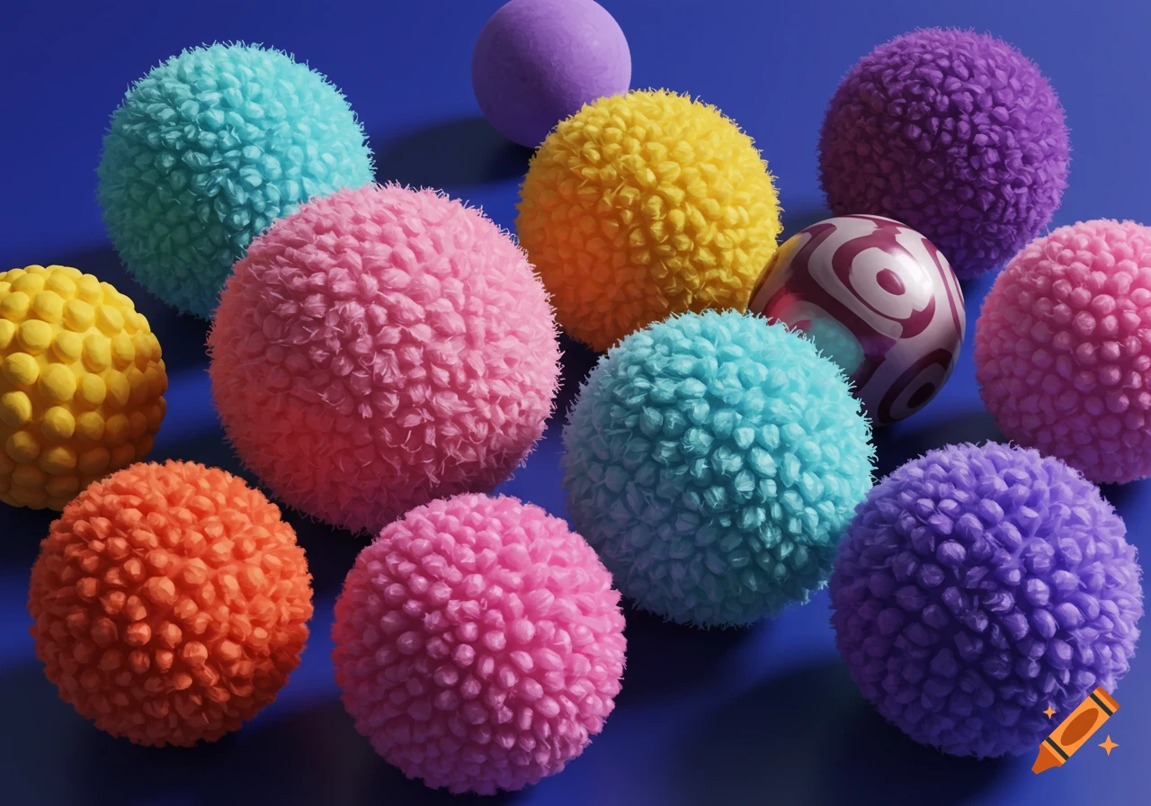 A collection of colorful fuzzy balls in various sizes and a single smooth patterned ball resting on a blue surface.