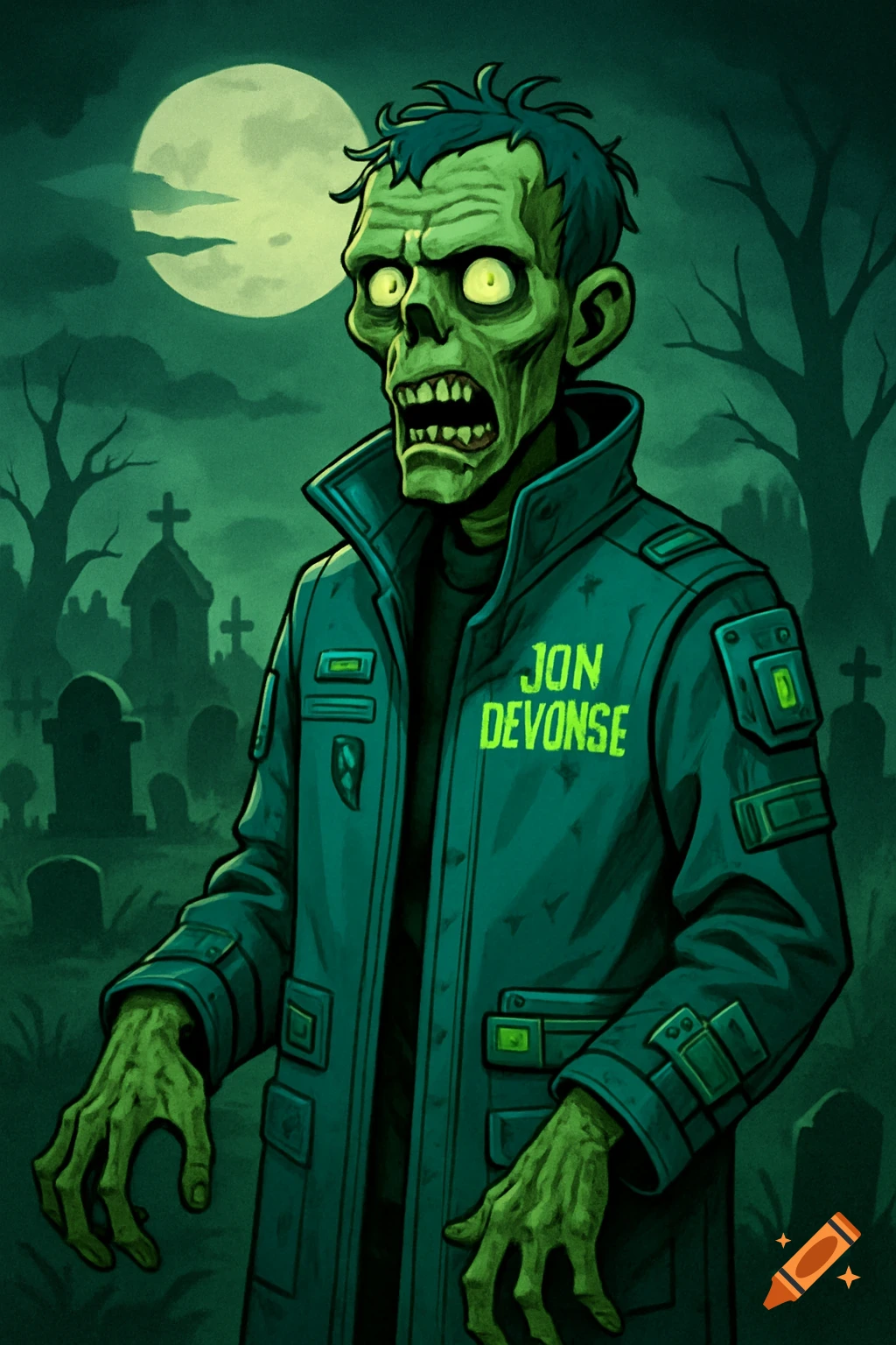Cartoon zombie with green skin and glowing eyes wears a teal tech coat with 'JON DEVONSE' in a spooky graveyard under a full moon.