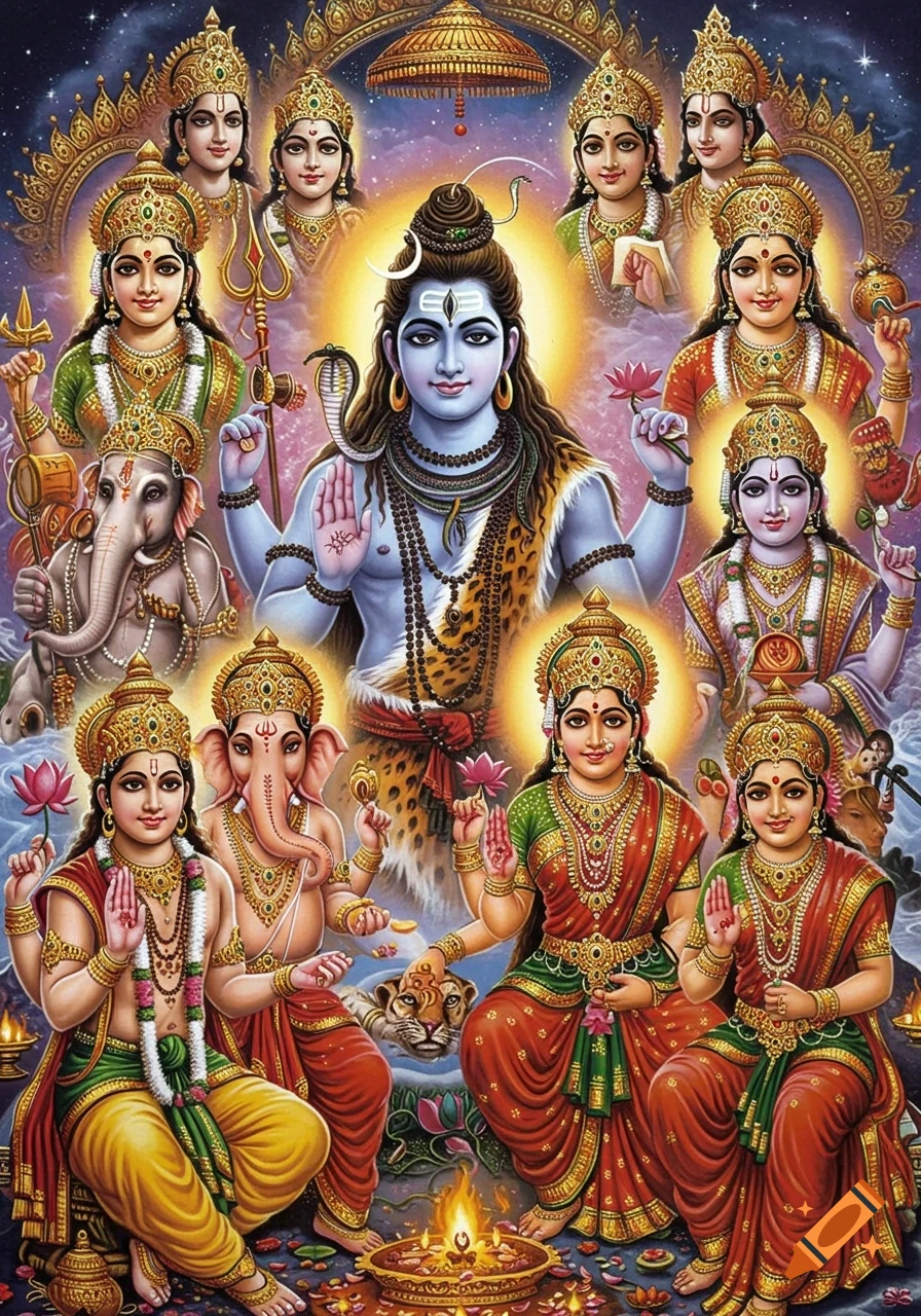 Vibrant illustration of multiple Hindu deities including Shiva, Ganesha, and goddesses, adorned with gold jewelry and halos.