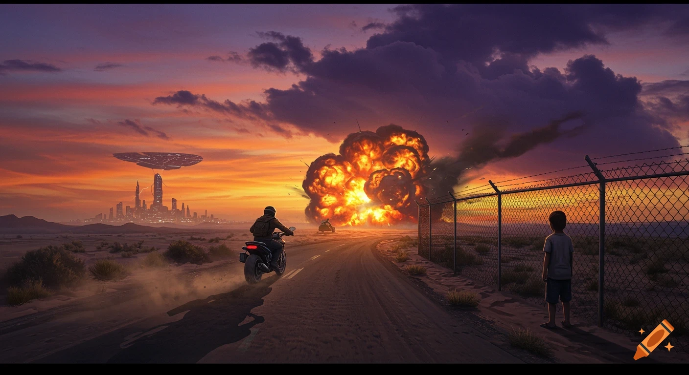 A motorcyclist speeds away from a desert explosion while a child watches through a fence, with a futuristic city under a glowing orange and purple sky.
