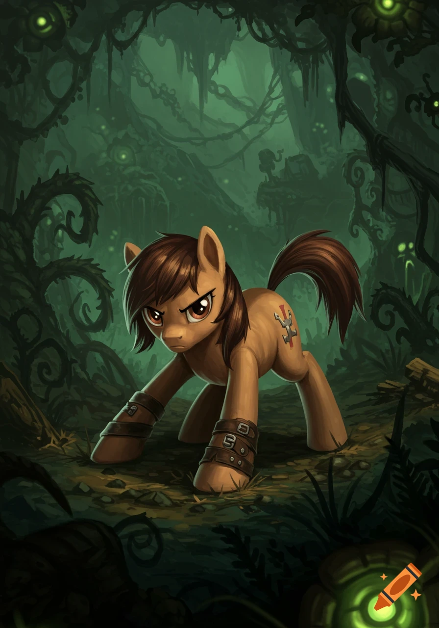 A brown MLP-style pony with dark hair and wrist wraps in a crouched stance, with an angry expression, in a dark, eerie, green-lit forest.