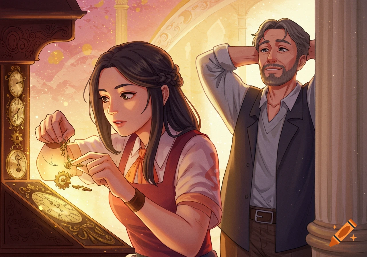 An illustration of a young woman intently working on clockwork gears while a man relaxes in the background.