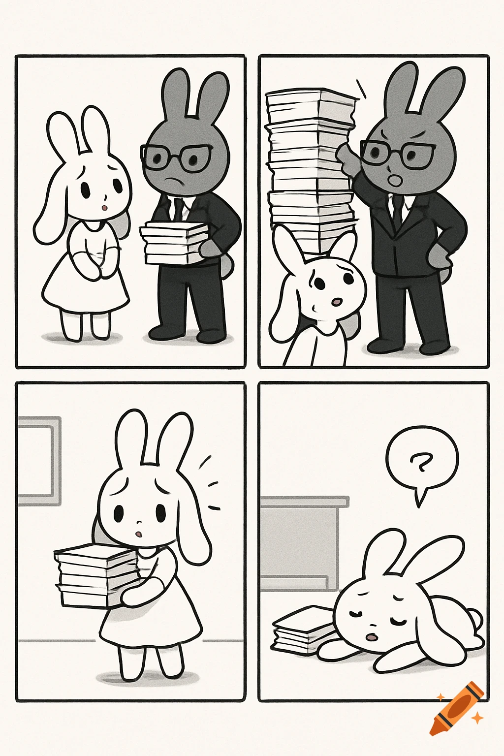 A four-panel black and white comic strip shows a white bunny being given too much work by a boss bunny, then fainting.
