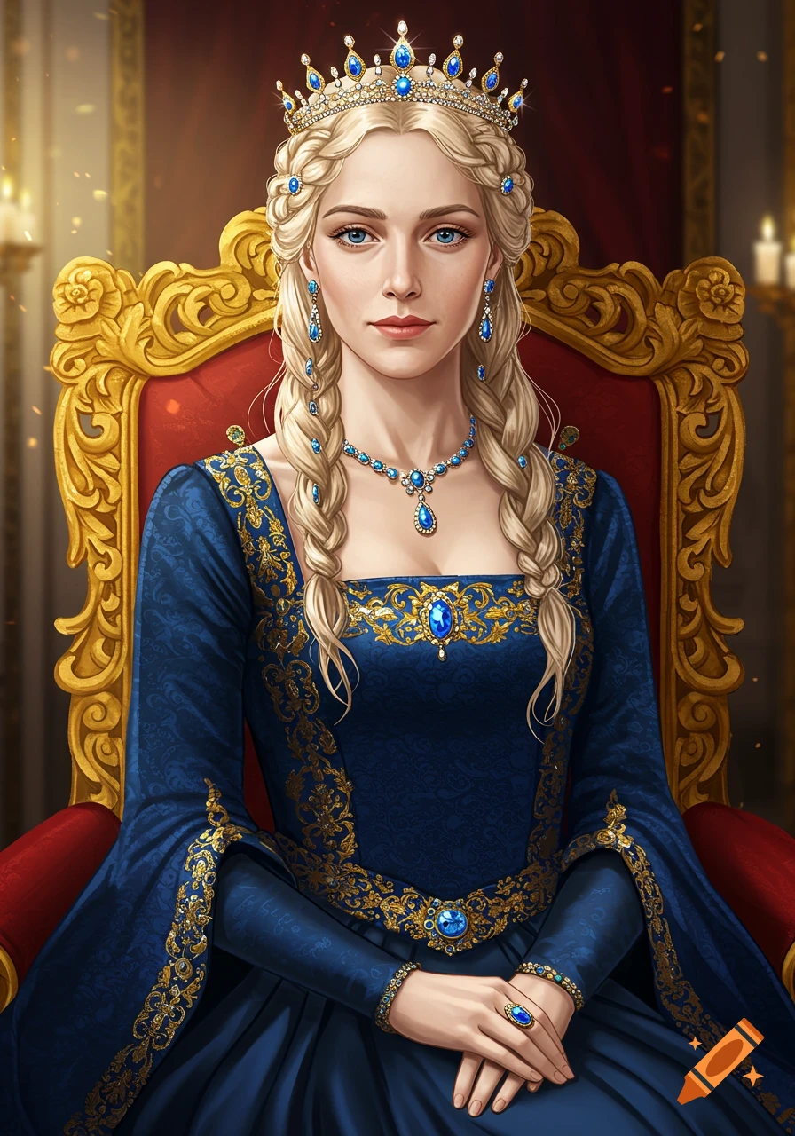 A beautiful queen with long blonde braids and a crown, adorned in a blue and gold medieval gown, sits on a red and gold throne.