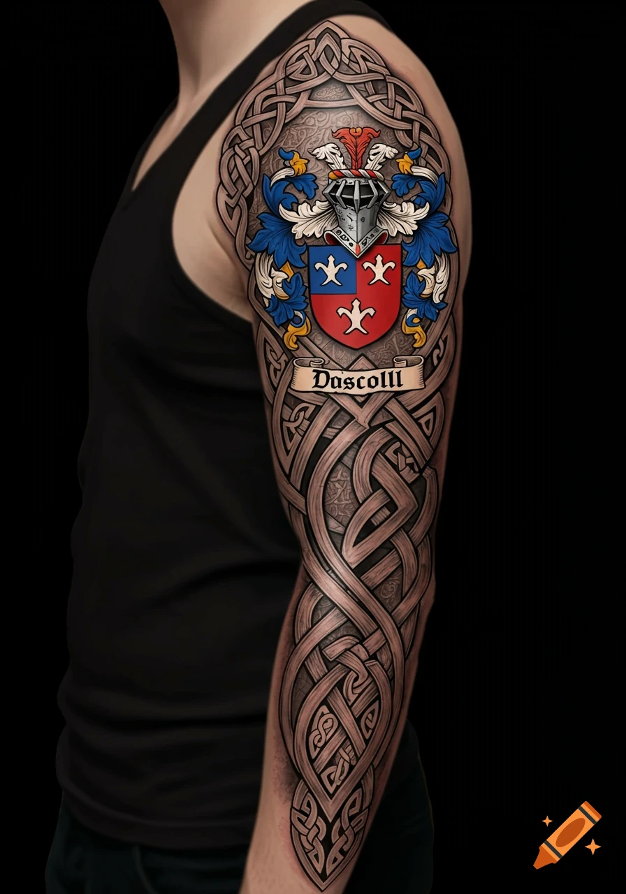 A man's arm with a detailed Celtic knot work sleeve tattoo featuring a colorful family crest with a banner that says 'Dascolll'.