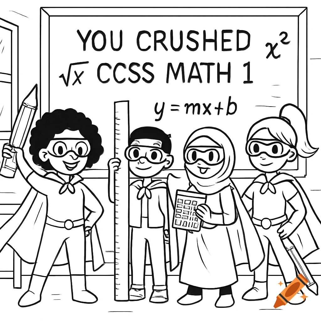 Black and white coloring page of four diverse superhero students with capes and goggles, holding school supplies as gadgets, standing proudly in front of a chalkboard with math equations.