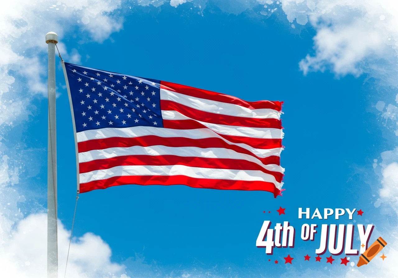 American flag waving against a bright blue sky with a decorative cloud border and 'Happy 4th of July' text.