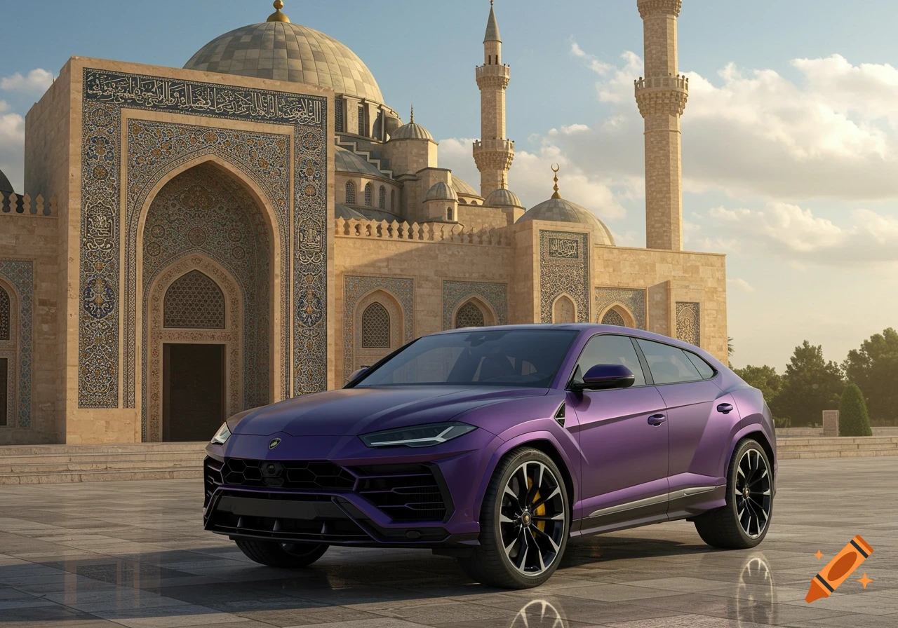 A purple Lamborghini Urus Performante parked in front of a grand mosque with intricate patterns and minarets under a clear sky.